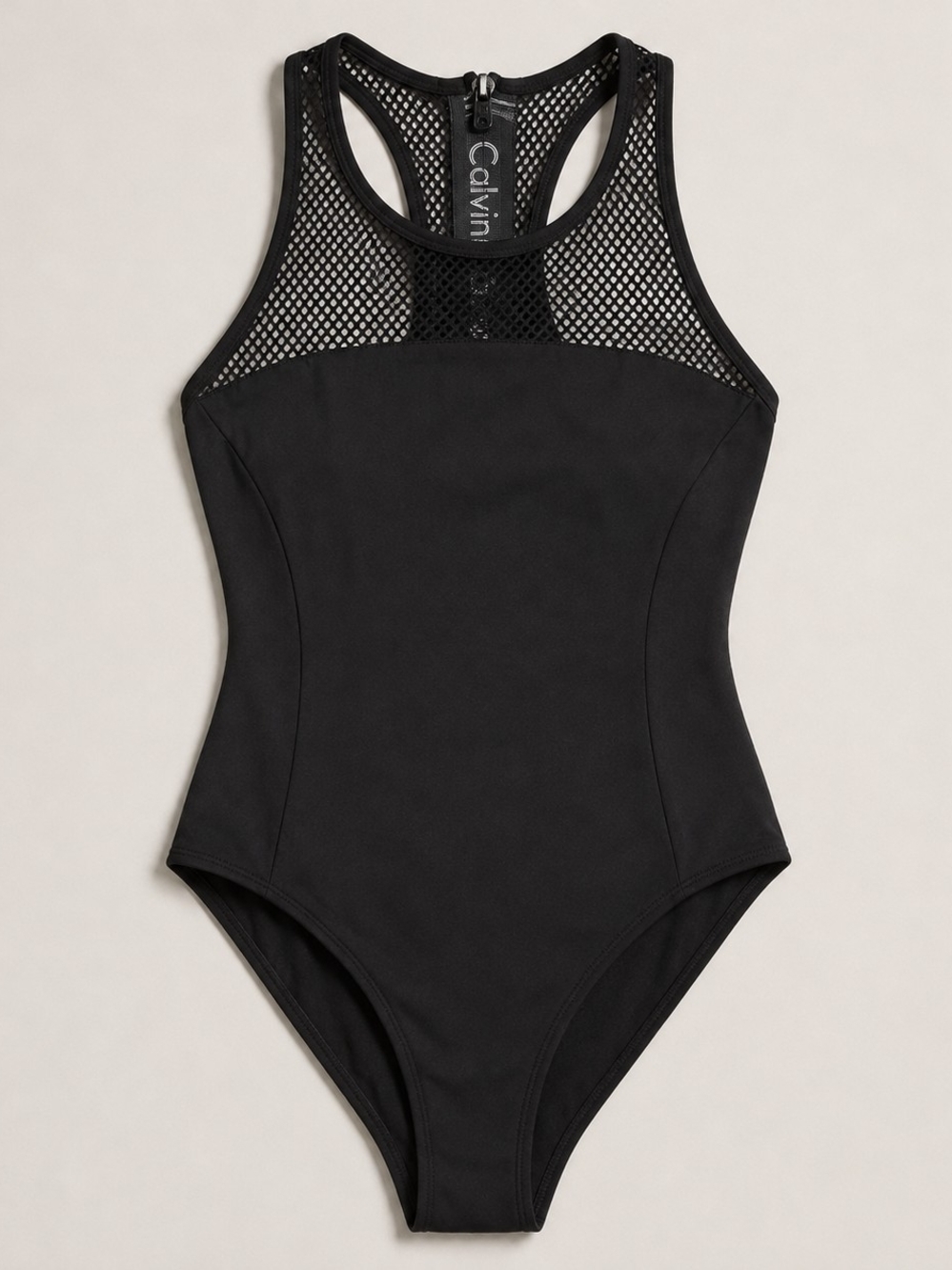 Calvin Klein Black Mesh Racerback Logo Zip Bodysuit Size 2